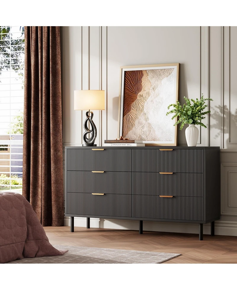 gaomon Wave Fluted 6 Drawer Modern Dresser with Metal Legs and Handles, Wood Storage Chest for Bedroom