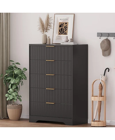 gaomon Fluted 5 Drawer Dresser for Bedroom, 47" Tall Wood Chest with Gold Handles Storage Cabinet