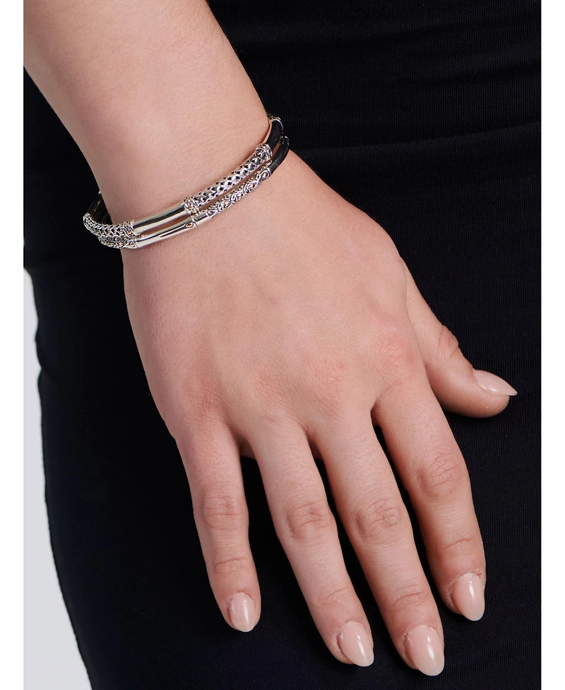 Devata Dragon Bone Slide-on Bangle Bracelet Sterling Silver and 18K Gold Accents