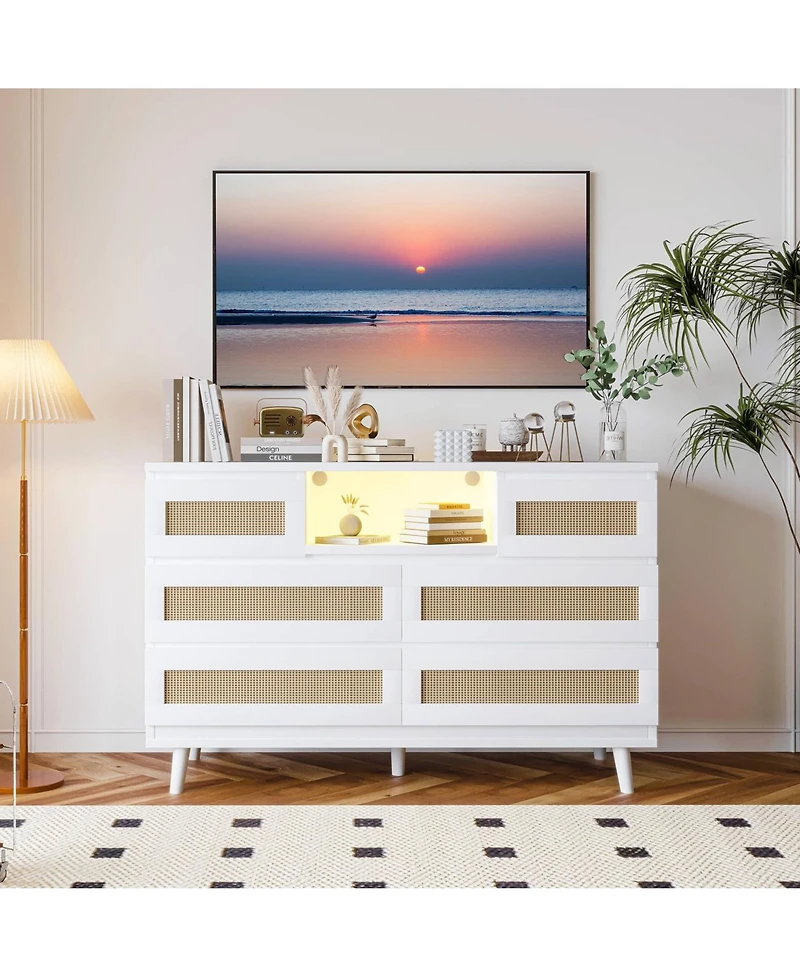 gaomon 6 Drawer Rattan Dresser with Led Lights and Charging Station, Modern Double Chest