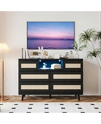 gaomon 6 Drawer Rattan Dresser with Led Lights and Charging Station, Modern Double Chest