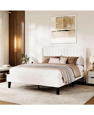 Gaomon Bed Frame With Velvet Wingback Headboard Vertical Tufting No Box Spring