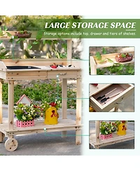 Wood Potting Bench Workstation Table w/ Storage Cabinet, Shelf Natural