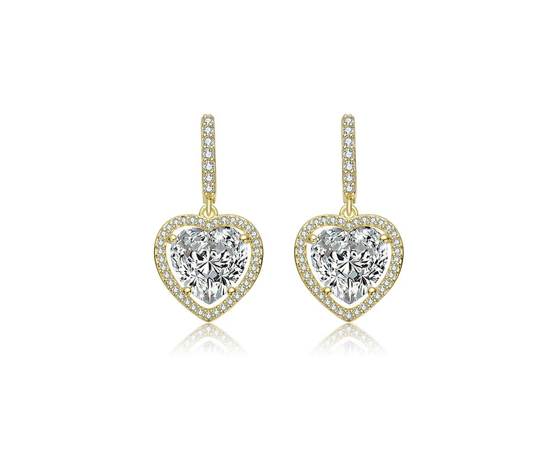 14K Gold Plating with Clear Cubic Zirconia Heart Drop Hoop Earrings