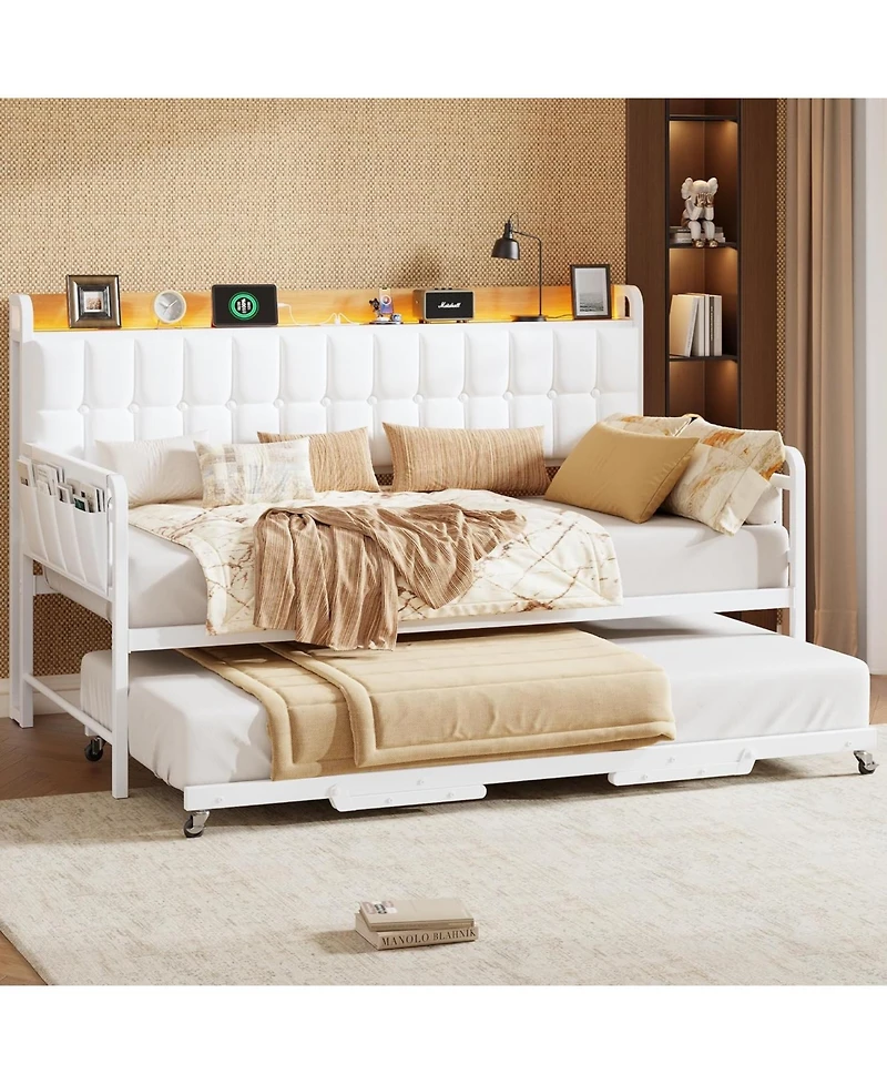 gaomon Twin Bed Frame Daybed with Trundle - with Led Light and Charging Station, Upholstered Sofa Bed with Storage Headboard