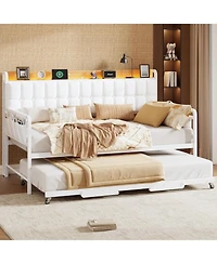gaomon Twin Bed Frame Daybed with Trundle - with Led Light and Charging Station, Upholstered Sofa Bed with Storage Headboard