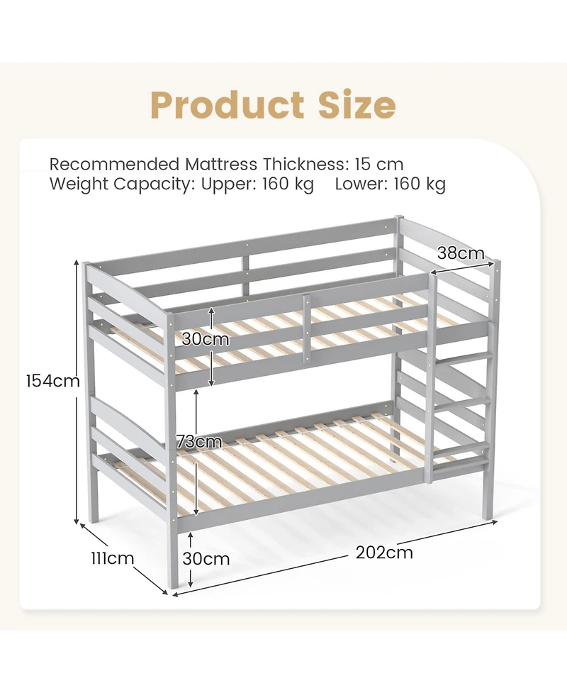 Slickblue Solid Wood Twin Bunk Bed Frame with High Guardrails and Secure Ladder