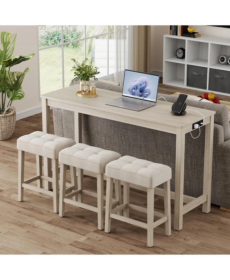 Gymax 4PCS Bar Table Set w/Charging Station 3 Padded Stools for Living Room Kitchen