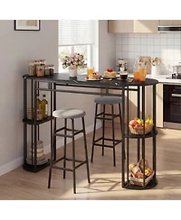 Gymax 3 Pieces 60'' Bar Table Set for 2 w/ Faux Marble Tabletop and Storage Shelves