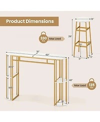Gymax 3 Pieces 60'' Bar Table Set for 2 w/ Faux Marble Tabletop and Storage Shelves