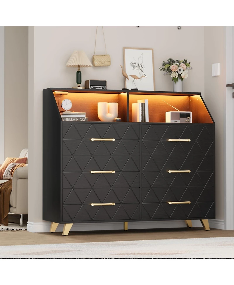 gaomon 6 Drawer Dresser with Charging Station, Shelf and Led Light, 47 inches Modern Wooden Chest