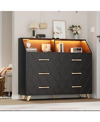 gaomon 6 Drawer Dresser with Charging Station, Shelf and Led Light, 47 inches Modern Wooden Chest