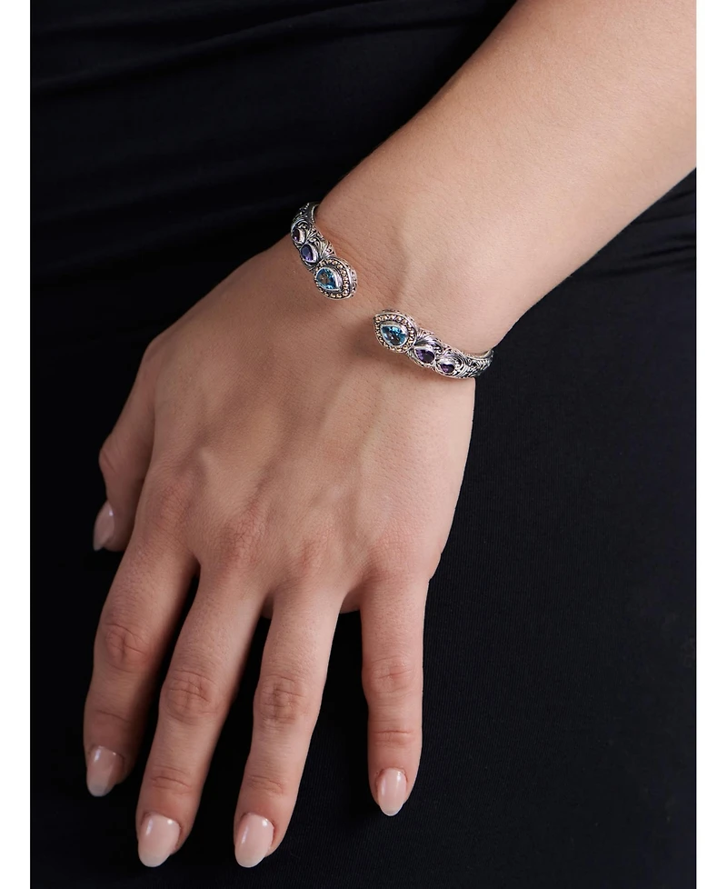 Devata Swiss Blue Topaz, Amethyst and Ubud Cuff Bracelet Sterling Silver 18K Gold Accents