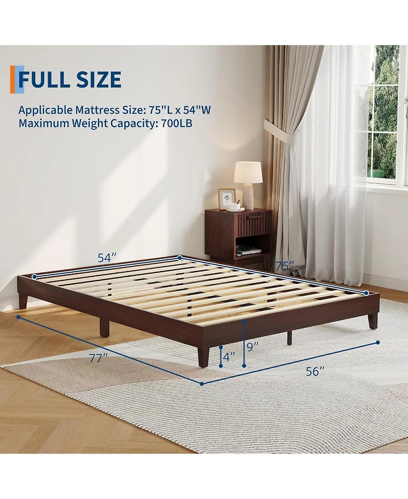 gaomon Full Size Bed Frame,9 Inch Sturdy Wood Platform Bed Without Headboard,Wooden Bed Frame with Strong Wood Slats Support,No Box Spring Neededd