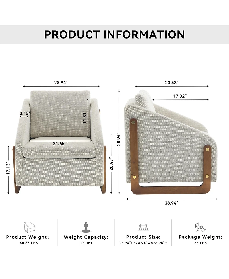 Rainsken Modern Accent Chair, Chenille Fabric Upholstered Armchair with Wooden Side Frame and Golden Nailhead Trim for Living Room, Set of 1