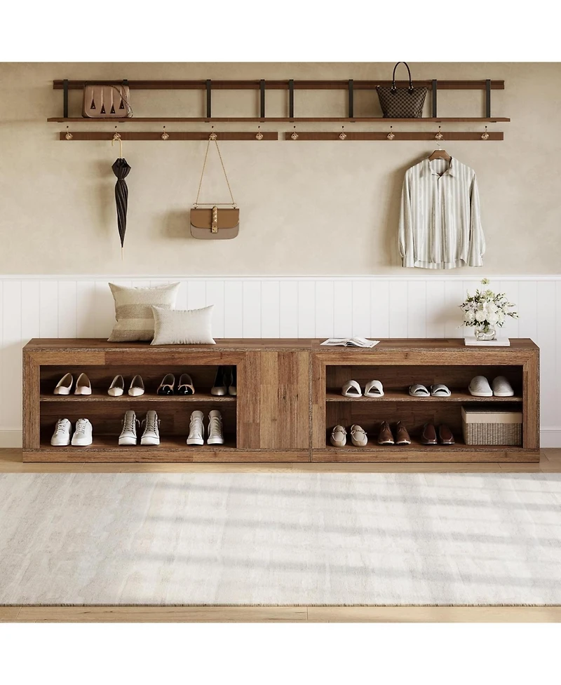 Tribesigns L-Shaped Corner Shoe Bench, 2-Piece Modular Wooden Nook Bench with Open Storage Shelves