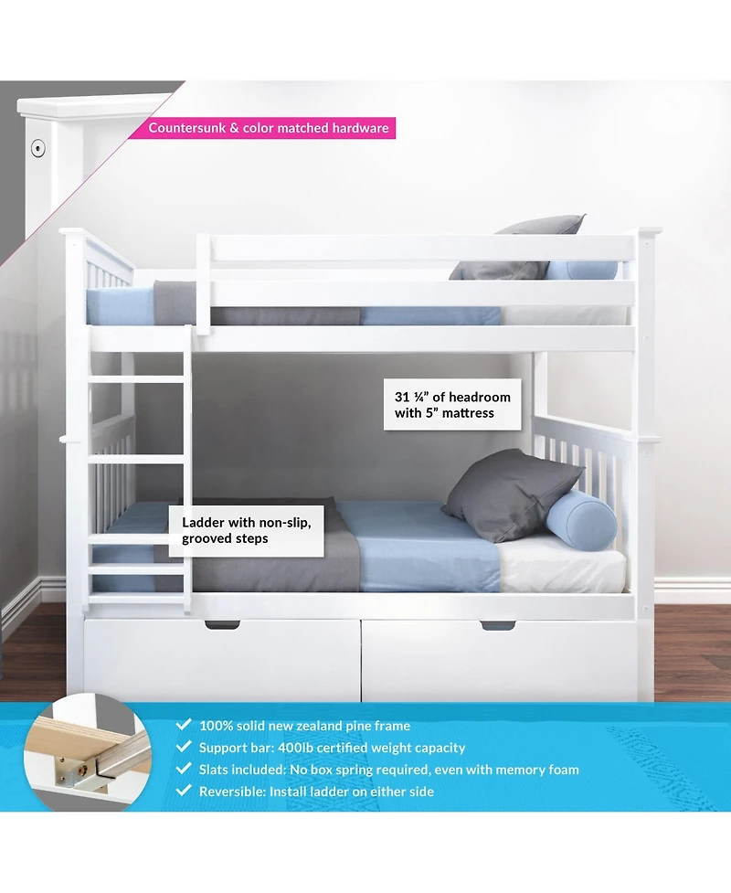 Max and Lily Solid Wood Twin over Bunk Bed for Kids with Underbed Storage Drawers