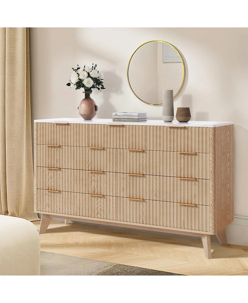 gaomon 54" Fluted 9 Drawer Wood Dresser with Metal Handles and Curved Profile, Modern Tv Stand