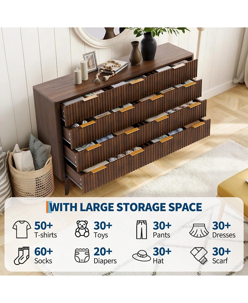 gaomon 54" Fluted 9 Drawer Wood Dresser with Metal Handles and Curved Profile, Modern Tv Stand