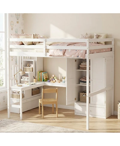 Sailvan Loft Wood Bed with Desk, Bookshelves and Wardrobe Doors Drawer