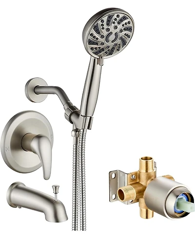Midola High Pressure Shower Head Combo System with Valve 6 Mode Handheld Spray Single Handle Shower Trim Kit Brushed Nickel Complete Set