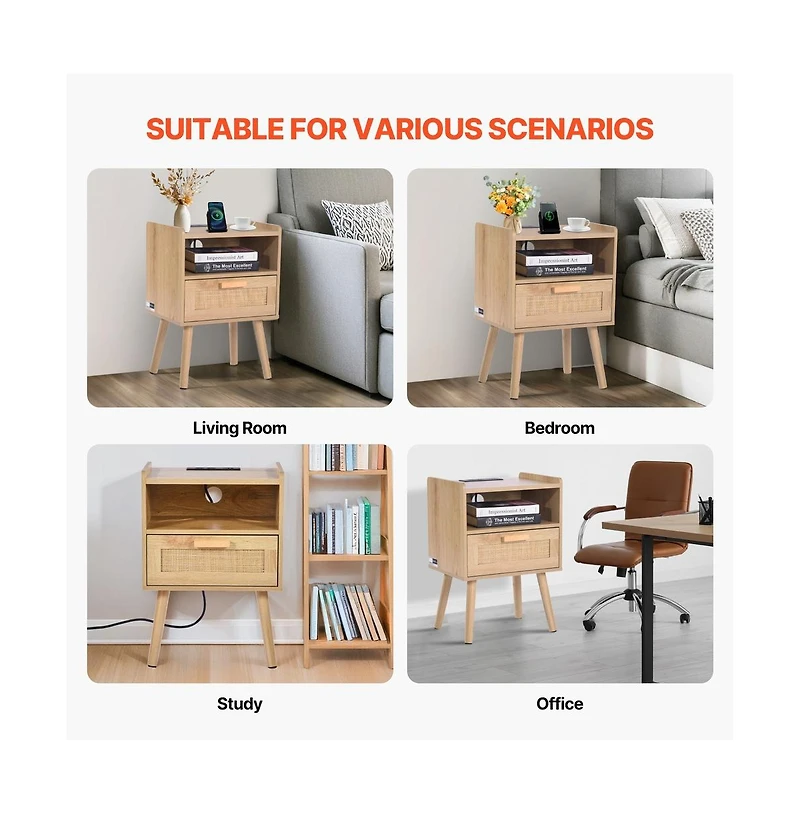 Sugift Rattan Nightstand with Built-In Charging Station, Drawer, and Open Shelf