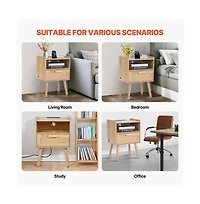 Sugift Rattan Nightstand with Built-In Charging Station, Drawer, and Open Shelf