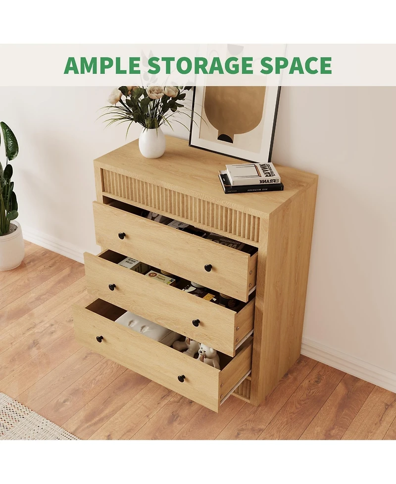 gaomon Fluted 3 Drawer Wooden Dresser, 31.5" Wide Modern Nightstand Storage Cabinet for Bedroom