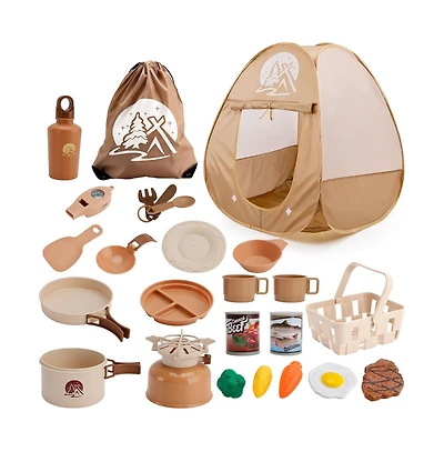 Bruce & Shark 25-Piece Kids Camping Playset with Pop-Up Tent, Pretend Cooking Toys and Storage Backpack