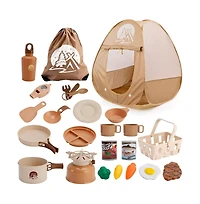 Bruce & Shark 25-Piece Kids Camping Playset with Pop-Up Tent, Pretend Cooking Toys and Storage Backpack