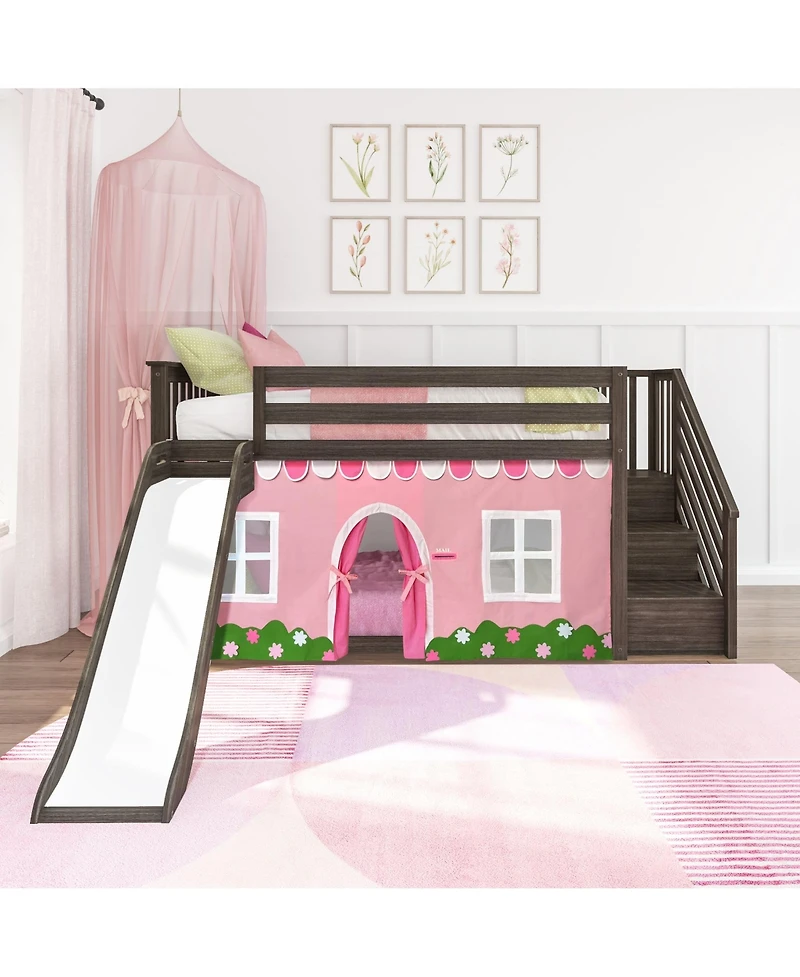 Max and Lily Low Loft With Stairs, Easy Slide Farmhouse Curtain