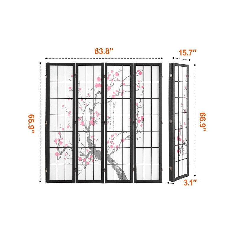 Sugift 4-Panel Japanese Shoji Style Folding Room Divider Screen, 66.9 in Tall Wood Frame