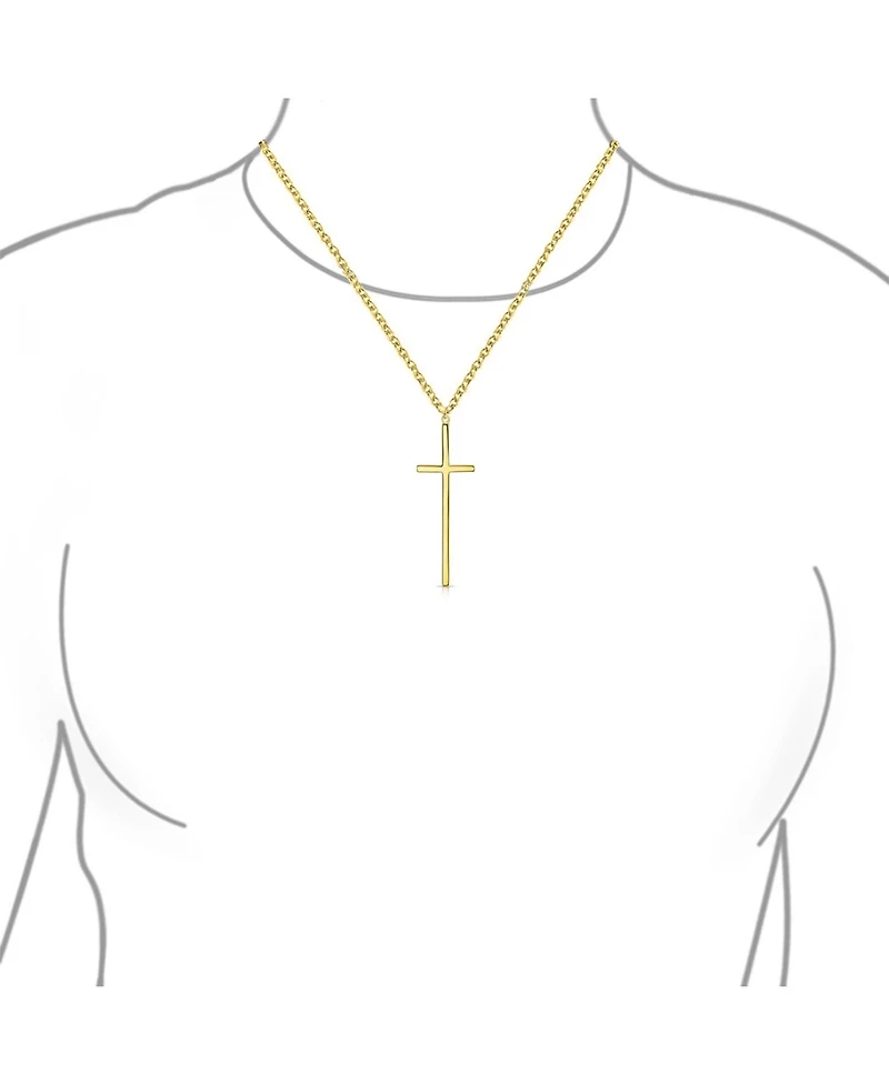 Bling Jewelry Modern Elongated Simple Basic Long Flat Thin Delicate Religious Latin Cross Pendant Necklace Rose Gold Plated .925 Sterling Silver