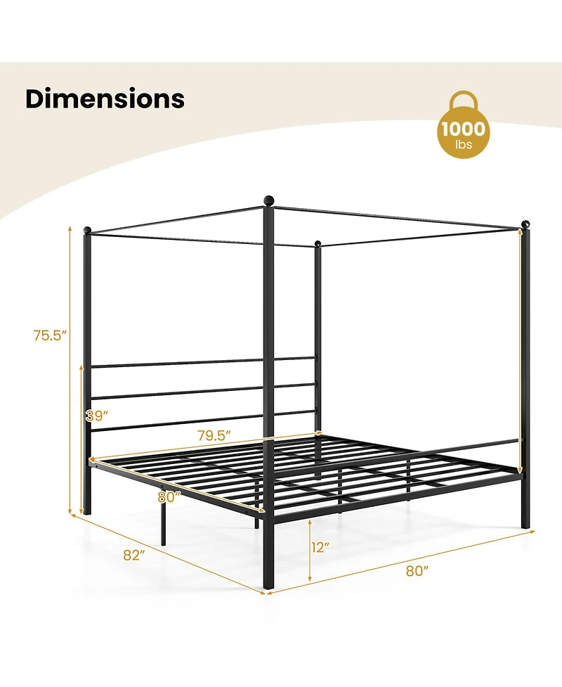 Slickblue Canopy Bed Frame Metal with Slat Support, Durable Platform Bed for Bedroom