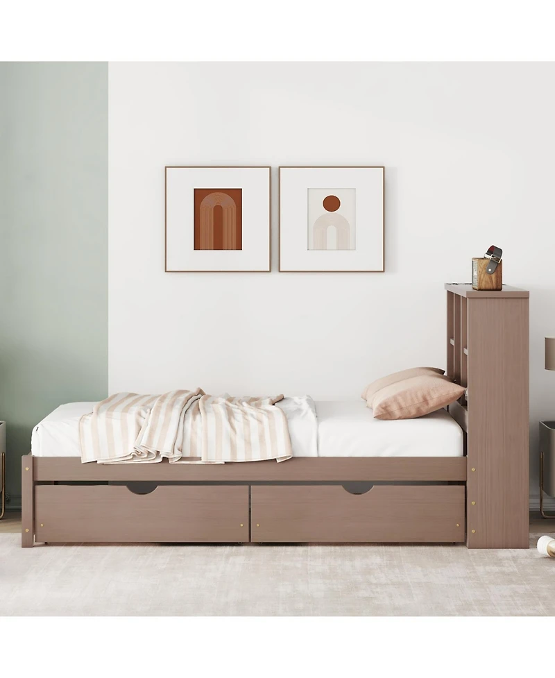 Rainsken Twin Storage Bed, with Bookcase Headboard and 2 Drawers, Built-in Usb Port, for Kids Teens Adults, No Box Spring Needed