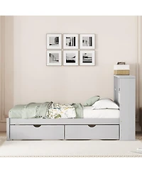 Rainsken Twin Storage Bed, with Bookcase Headboard and 2 Drawers, Built-in Usb Port, for Kids Teens Adults, No Box Spring Needed