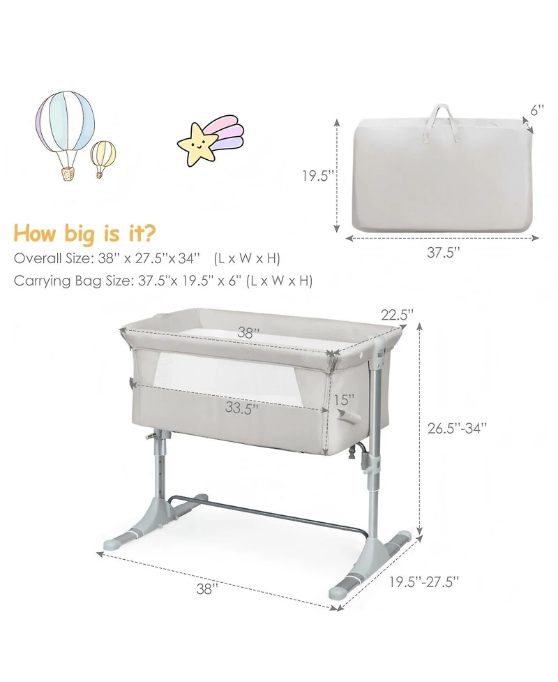 Gouun Baby 4-Height Travel Bedside Bassinet with Breathable Mesh and Carry Bag