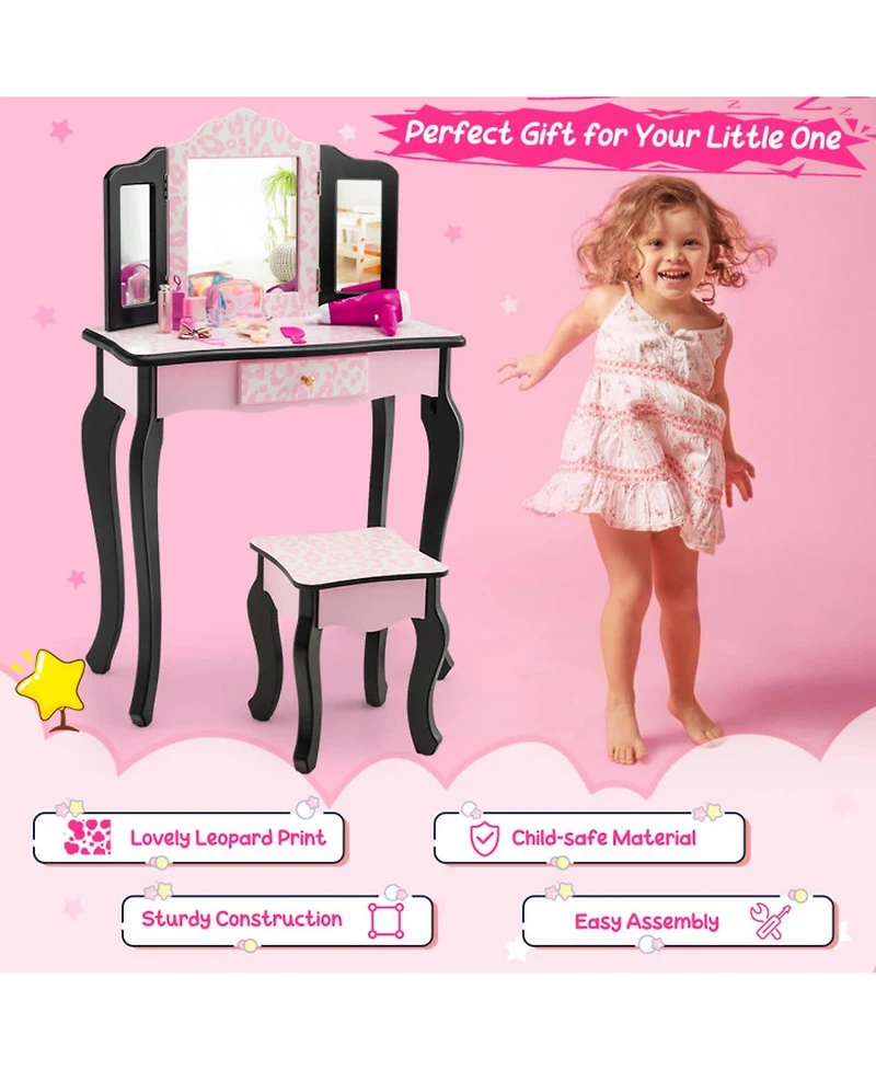 Gouun Kids Wood Makeup Dressing Table with Dimmable Lights and Stool