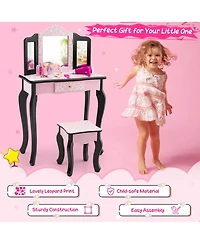 Gouun Kids Wood Makeup Dressing Table with Dimmable Lights and Stool