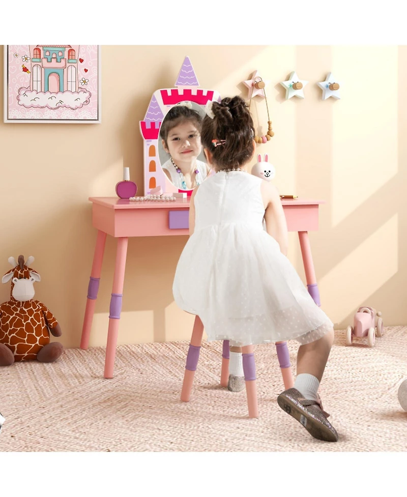 Gouun Wood Kids Princess Vanity Set with Mirror and Stool