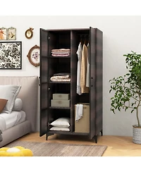 Gouun Metal Frame Tall Wicker Wardrobe Closet with Hanging Rod and Doors