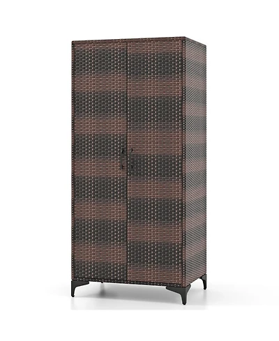 Gouun Metal Frame Tall Wicker Wardrobe Closet with Hanging Rod and Doors