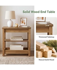 Tribesigns Solid Wood End Table with 3-Tier Storage Shelf, Farmhouse Narrow Sofa Side Table, Small Rectangular Nightstand