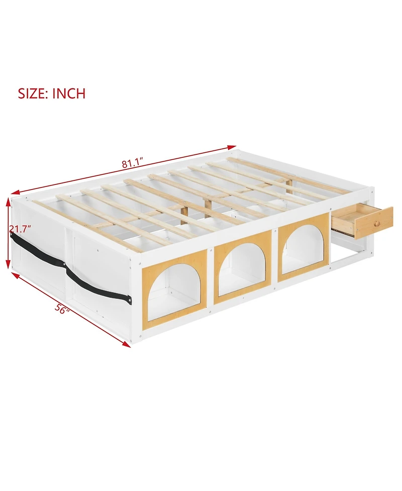 Rainsken Full Size Platform Bed, Modern Wooden Bed Frame with Bookshelf, Side Display Cabinet, Led Light and Storage Drawer for Kids and Teens