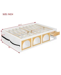 Rainsken Full Size Platform Bed, Modern Wooden Bed Frame with Bookshelf, Side Display Cabinet, Led Light and Storage Drawer for Kids and Teens