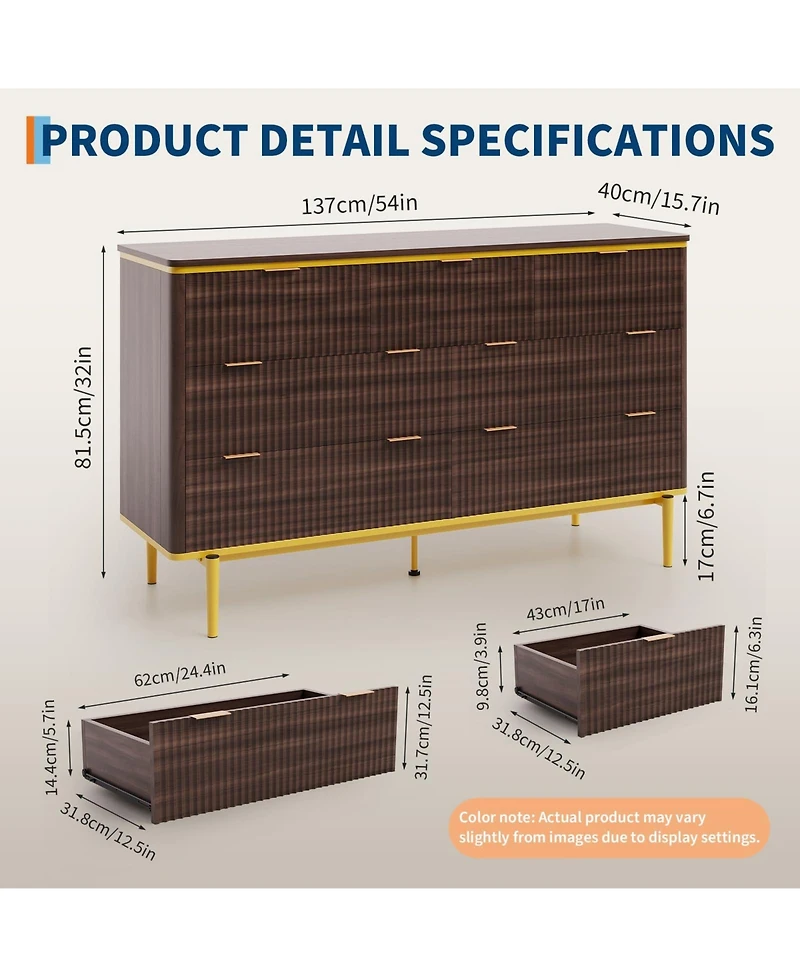 gaomon Fluted 7 Drawer Dresser with Gold Handles Curved Profile Design, 54" Wide Modern Wood Storage Cabinet and Tv Stand