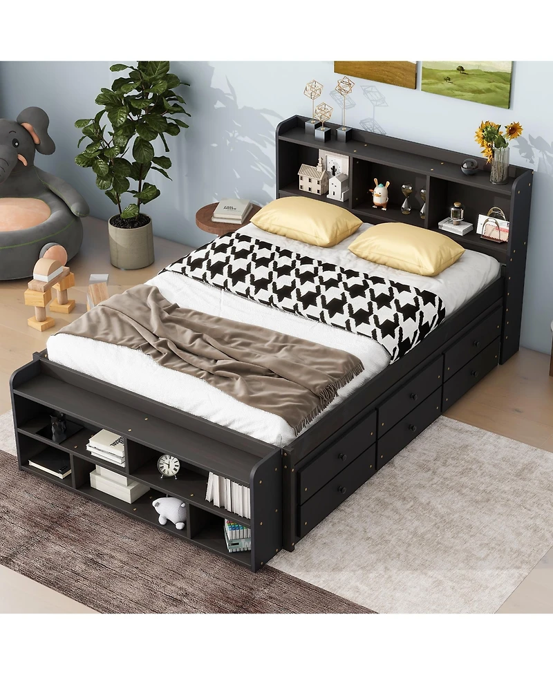 Sailvan Full Platform Bed Frame with Bookcase Headboard, 6 Storage Drawers and End Case