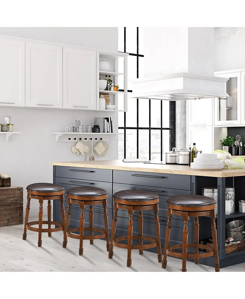 Costway Set of 4 24'' Swivel Bar Stool Leather Padded Dining Kitchen Pub Chair Backless