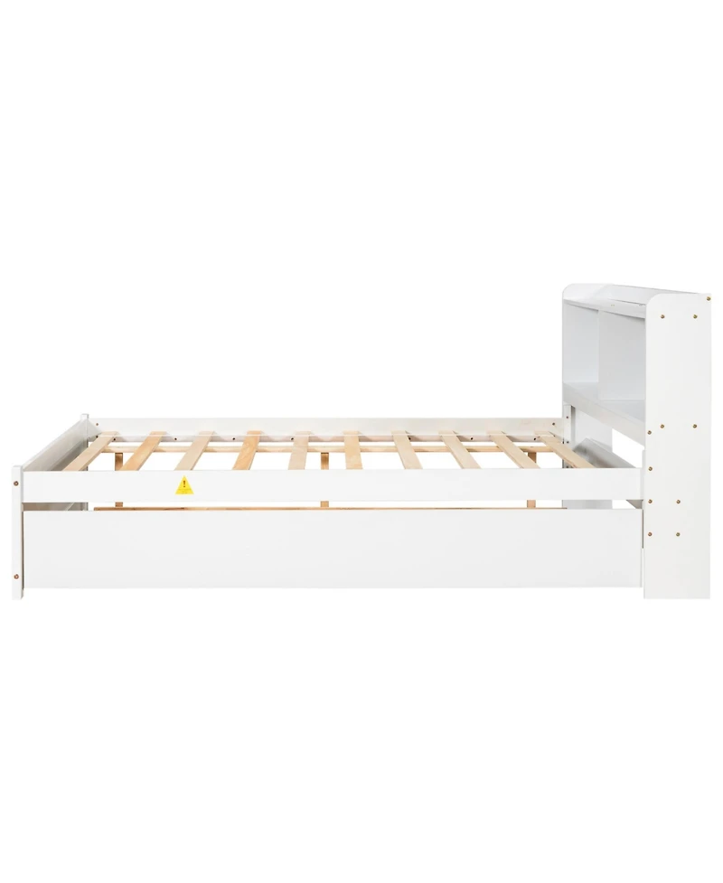 Sailvan Full Platform Bed with Trundle and Storage Bookcase Headboard, Solid Pine Wood