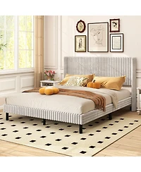 Slickblue Modern Velvet Platform Bed Frame with Vertical Tufted Wingback Headboard Support